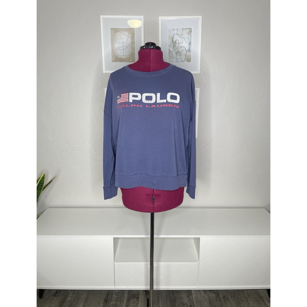 Polo Ralph Lauren Sweatshirt Womens Large Blue Graphic‎ Logo Fleece Pullover